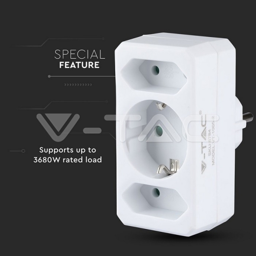 Adaptador de 2 salidas Euro Socket 10A , 1 Socket 10/16A 250V Blanco - 7