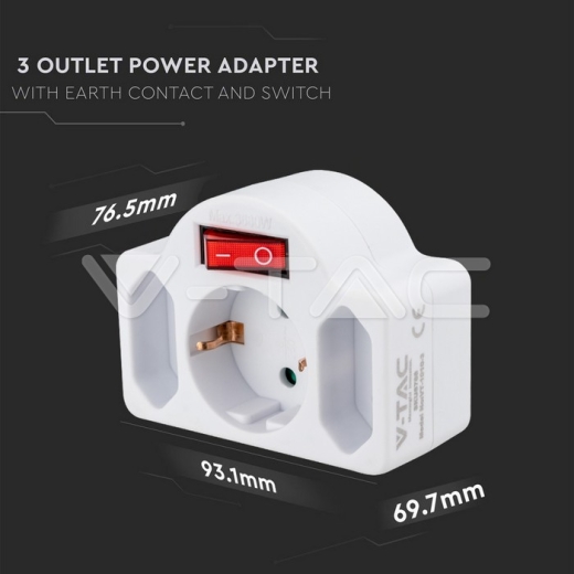 3 Outlet Power Adapter Earth Contact Switch 16A 250V - 8