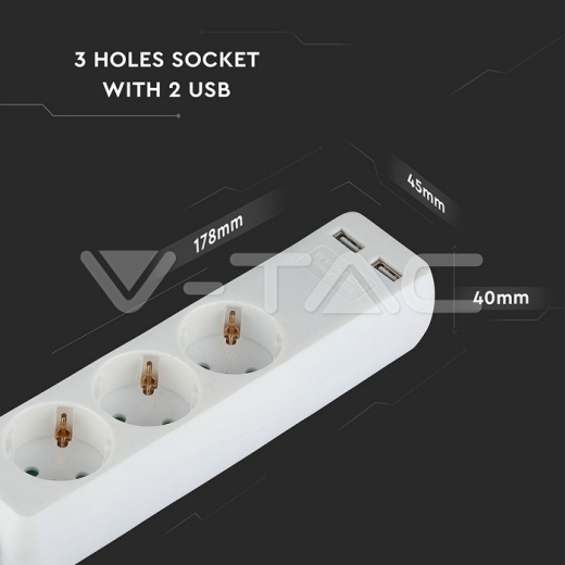 3 Power Strip 2 USB White Cable 1.5m - 9