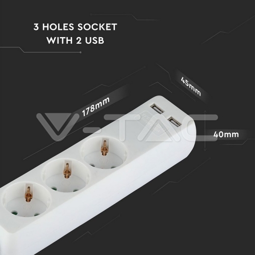 3 Power Strip 2 USB White Cable 5m - 10