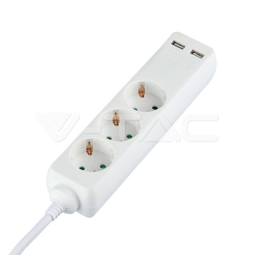 3 Power Strip 2 USB White Cable 5m - 5