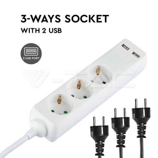 3 Power Strip 2 USB White Cable 5m - 6
