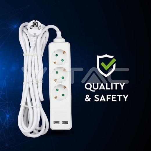 3 Power Strip 2 USB White Cable 5m - 9