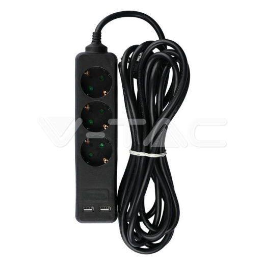 3 Power Strip 2 USB Black Cable 5m - 1