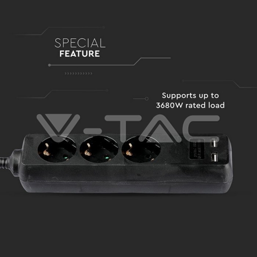3 Power Strip 2 USB Black Cable 5m - 5