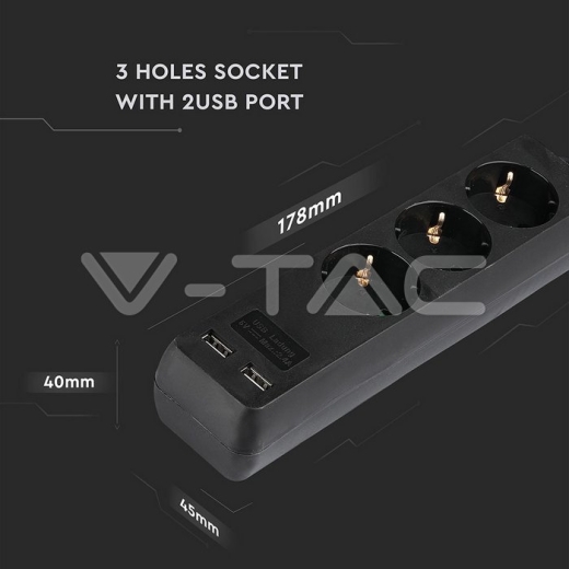 3 Power Strip 2 USB Black Cable 5m - 6