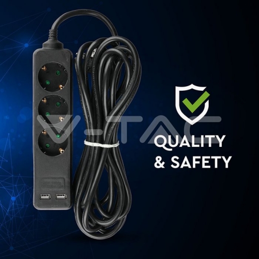 3 Power Strip 2 USB Black Cable 5m - 7