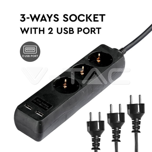 3 Power Strip 2 USB Black Cable 5m - 8