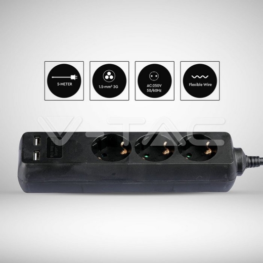3 Power Strip 2 USB Black Cable 5m - 9