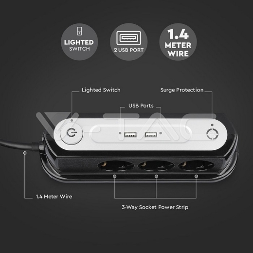 3 Way Desk Socket Lighted Switch & 2 USB Ports 3G 1.5mm x 1.4m - 6