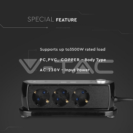 3 Way Desk Socket Lighted Switch & 2 USB Ports 3G 1.5mm x 1.4m - 7