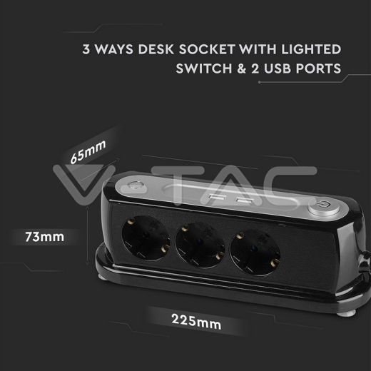 3 Way Desk Socket Lighted Switch & 2 USB Ports 3G 1.5mm x 1.4m - 9