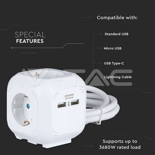 Enchufe cubico 4 salidas con USB 3G 1.55mm x 1.4m - 7