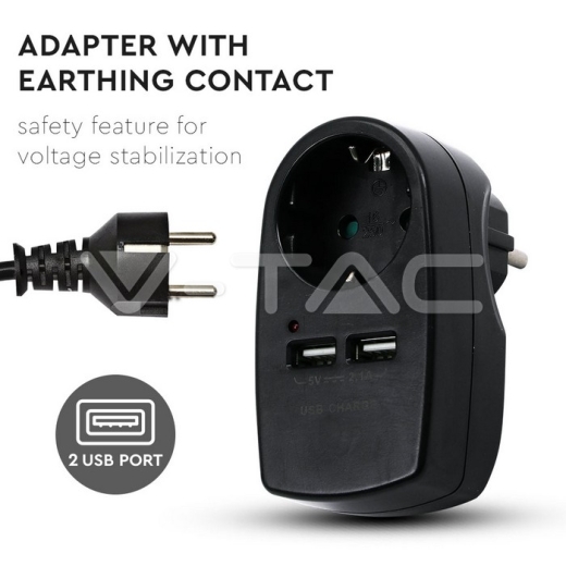 Adaptador con toma de tierra & USB carga Negro - 2