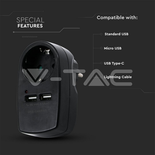 Adaptador con toma de tierra & USB carga Negro - 3