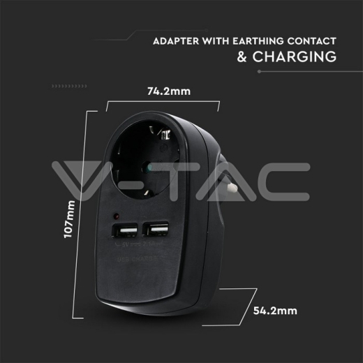 Adaptador con toma de tierra & USB carga Negro - 6