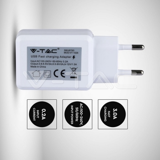 USB QC3.0 Travel Adaptor Blister Package White - 6