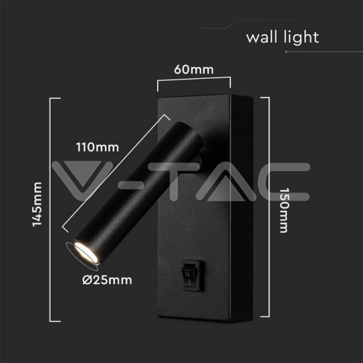 2W LED Wall Mounted Spotlight Square with Switch 3000K Black Body - 6