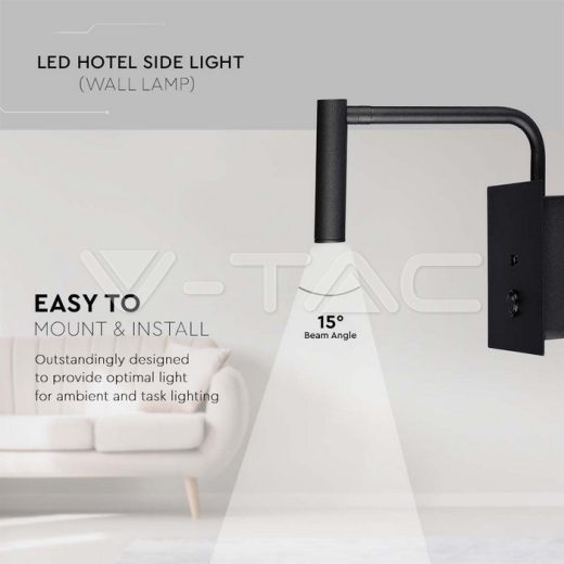 Lámpara de pared LED dormitorio 3W porte USB cuerpo negro 3000K - 5
