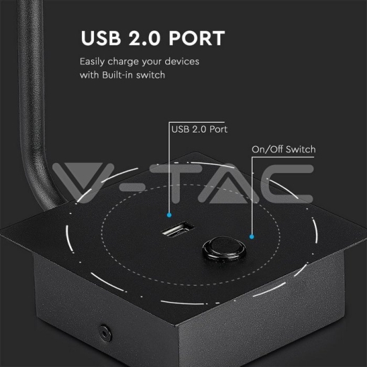 Lámpara de pared LED dormitorio 3W porte USB cuerpo negro 3000K - 7