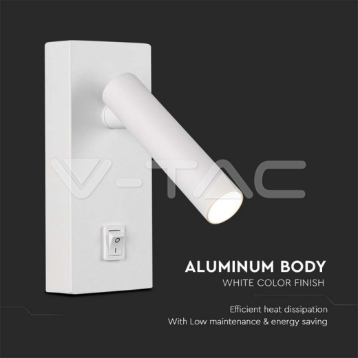 2W LED Wall Mounted Spotlight Square with Switch 4000K White Body - 3