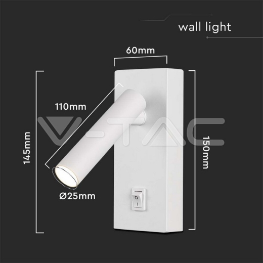 2W LED Wall Mounted Spotlight Square with Switch 4000K White Body - 6