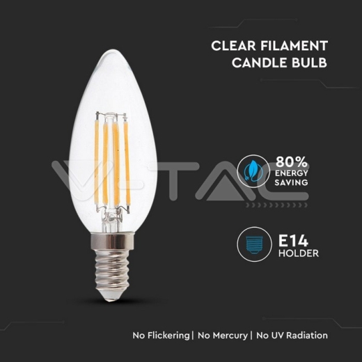 LED Bulb 4W Filament E14 Candle Clear Cover Warm White 2pcs/Blister Pack - 4
