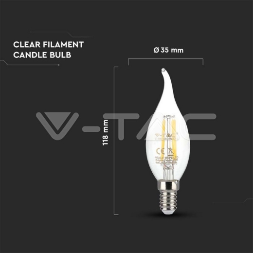 Bombilla LED 4W Filamento E14 Vela Transparente Flame 3000K - 4