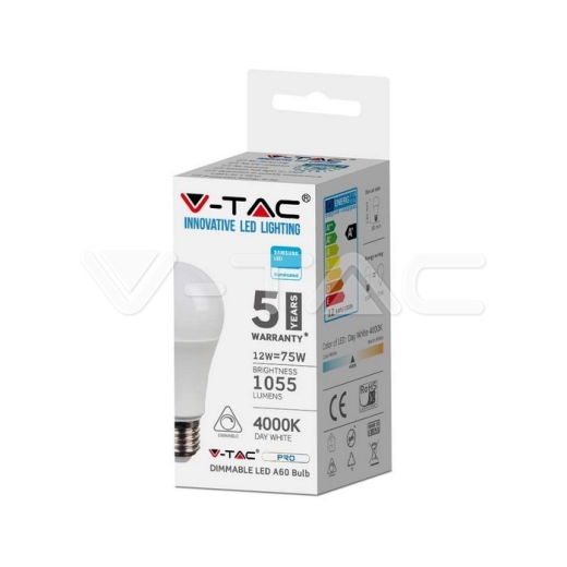 LED Bulb Samsung Chip 12W E27 A60 Dimmable 4000K - 8