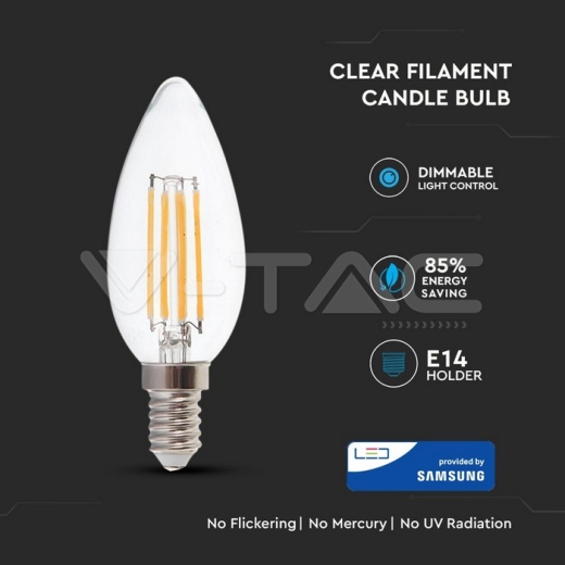LED Bulb SAMSUNG Chip Filament 4W E14 Candle Clear Cover Dimmable 2700K - 2