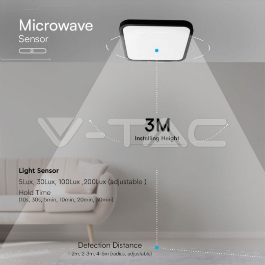 Luz de Techo LED 18W Con Sensor SAMSUNG Chip 4000K Marco Negro Cuadrado IP44 - 9
