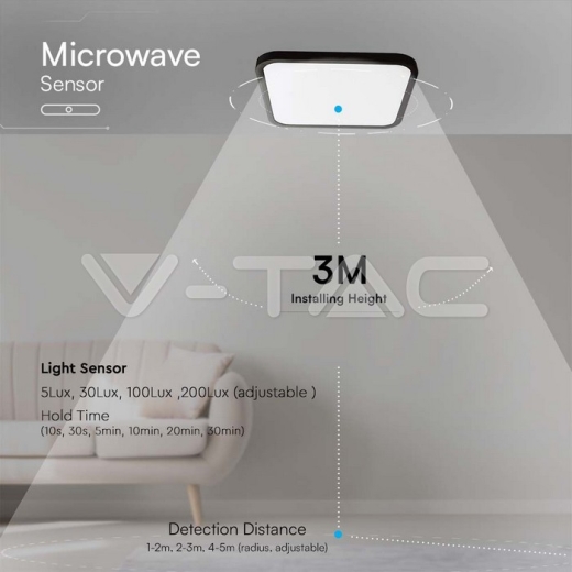 36W LED Dome Light Square Microwave Sensor Black Frame 4000K IP44 - 9