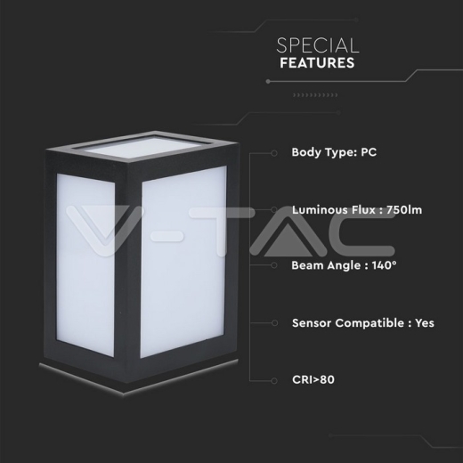 12W LED Wall Light IP65 Black Body 6400K - 4