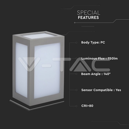 12W LED Wall Light IP65 Grey Body 6400K - 5
