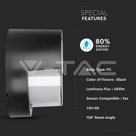 Lámpara de pared 12W LED cuerpo negro redondo 3000K - 5