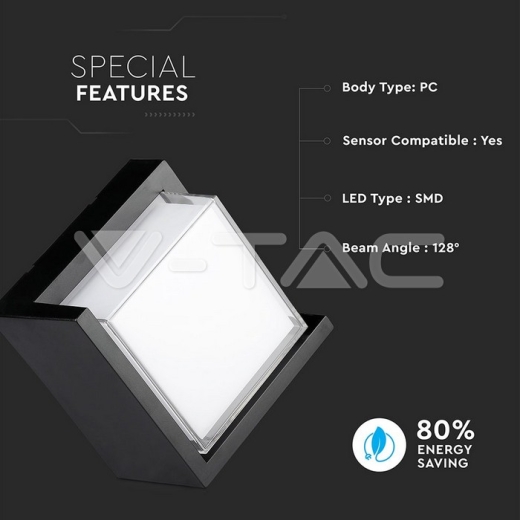 12W LED Wall Light IP65 Sami-Frame Black Square 3000K - 7