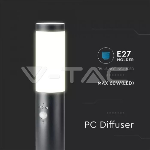 E27 Bollard Lamp 45cm PIR Sensor Stainless Steel Body Black IP44 - 3