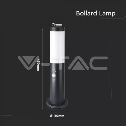 E27 Bollard Lamp 45cm PIR Sensor Stainless Steel Body Black IP44 - 5
