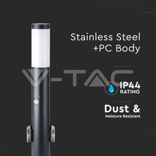 E27 Bollard Lamp 60cm PIR Sensor 2 EU Plug Sockets Stainless Steel Black IP44 - 2