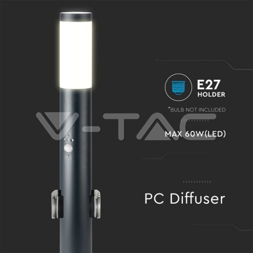 E27 Bollard Lamp 60cm PIR Sensor 2 EU Plug Sockets Stainless Steel Black IP44 - 3