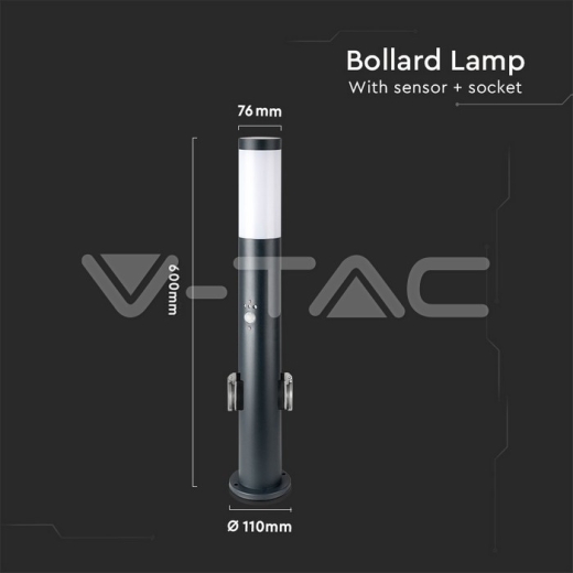 E27 Bollard Lamp 60cm PIR Sensor 2 EU Plug Sockets Stainless Steel Black IP44 - 6