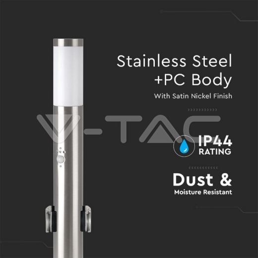 E27 Bollard Lamp 60cm PIR Sensor 2 EU Plug Sockets Stainless Steel Satin Nickel IP44 - 2