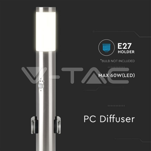 E27 Bollard Lamp 60cm PIR Sensor 2 EU Plug Sockets Stainless Steel Satin Nickel IP44 - 3