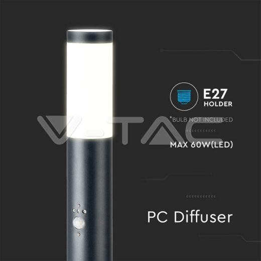 E27 Bollard Lamp 80cm PIR Sensor Stainless Steel Grey IP44 - 3