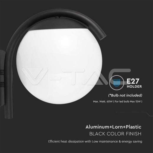 Portalámparas de Pared E27 Opal PC Cuerpo Negro Mate - 3