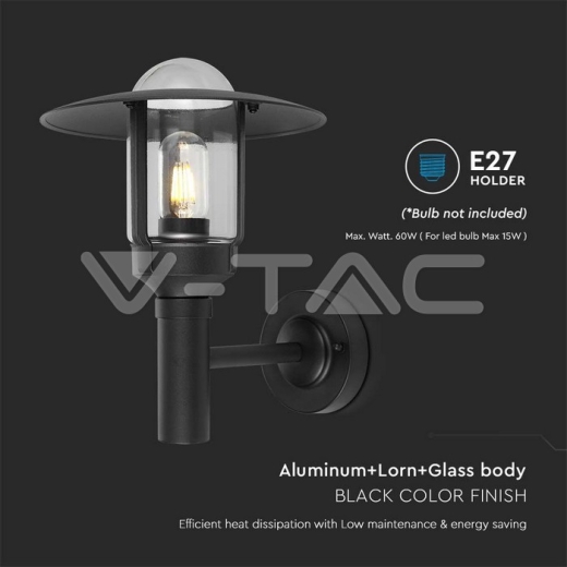 E27 Wall Lamp Holder Clear Glass Matt Black Body - 3