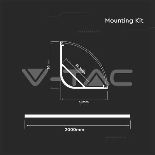 LED Strip Mounting Kit With Diffuser Aluminum Milky Gypsum Corner Round 2000mm - 2