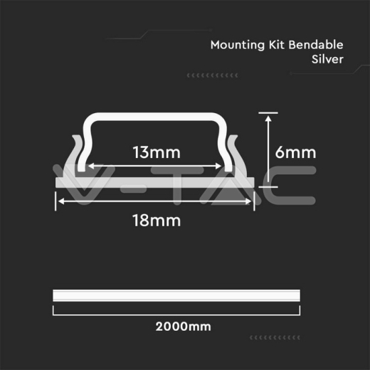 LED Strip Mounting Kit with Diffuser Silver Housing Flexible 2000*18*6mm - 5