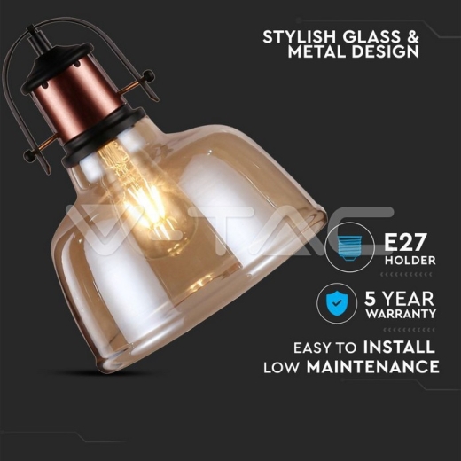 Glass Shade Amber Pendant Light Black Fabric Wire - 2