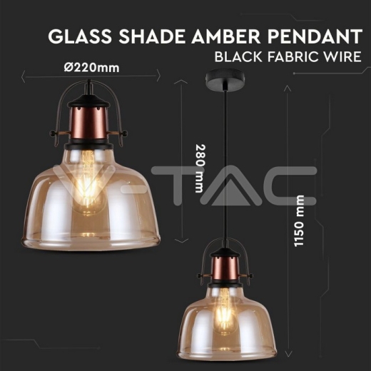 Glass Shade Amber Pendant Light Black Fabric Wire - 3